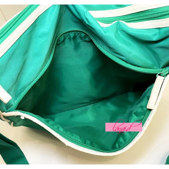VINTAGE Puma Shoulder Bag Crossbody Green Ivory Bookbag Gym Weekend Zip Tote - Picture 9 of 15